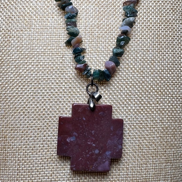 Multi Gemstone NECKLACE CROSS PENDANT Jasper Chalcedony 925 Clasp 4107 W - Picture 8 of 9